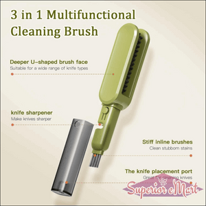 3-in-1 multifunctional cleaning brush with features highlighted on a beige background