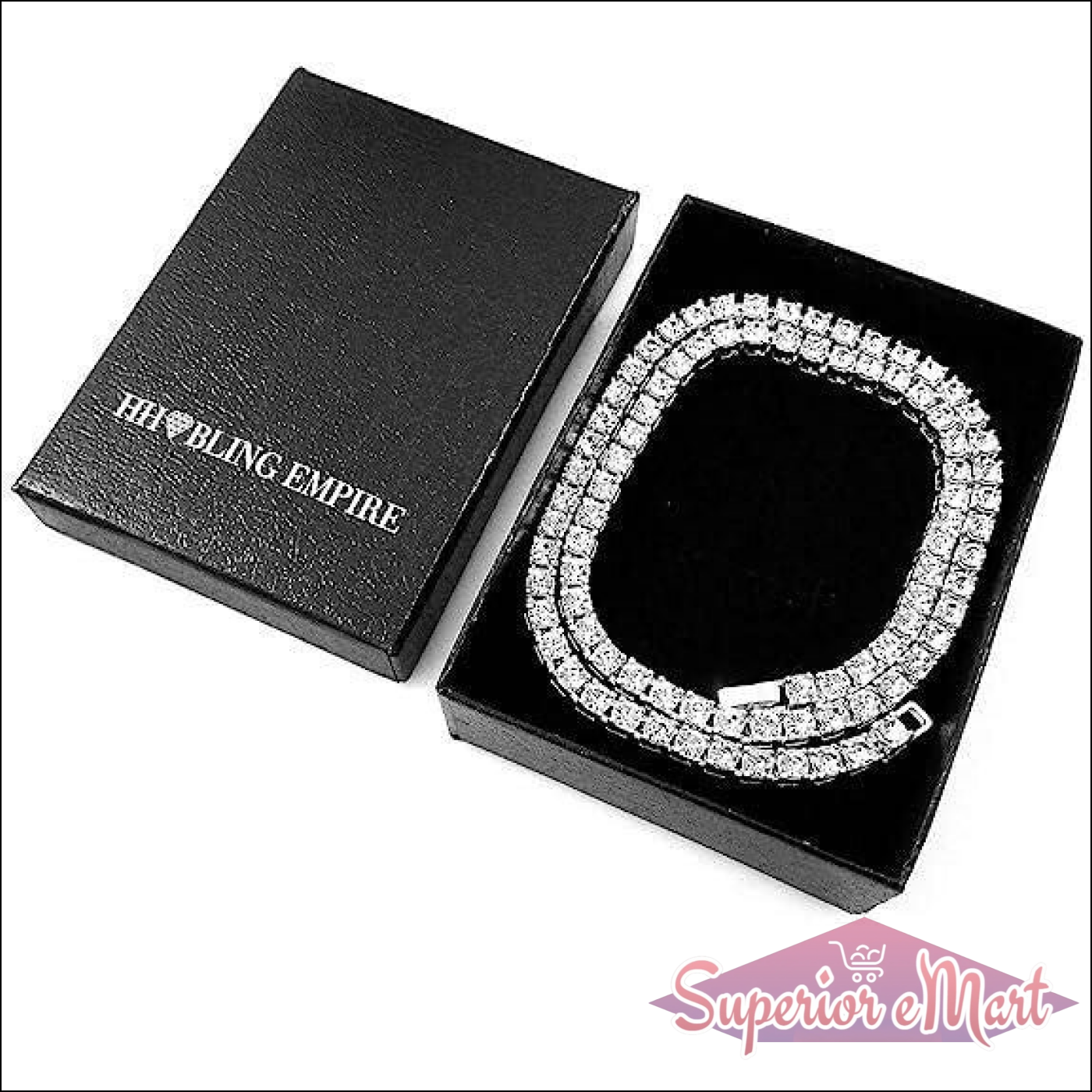 Silver-toned tennis chain necklace with clear stones in a black HH BLING EMPIRE gift box.