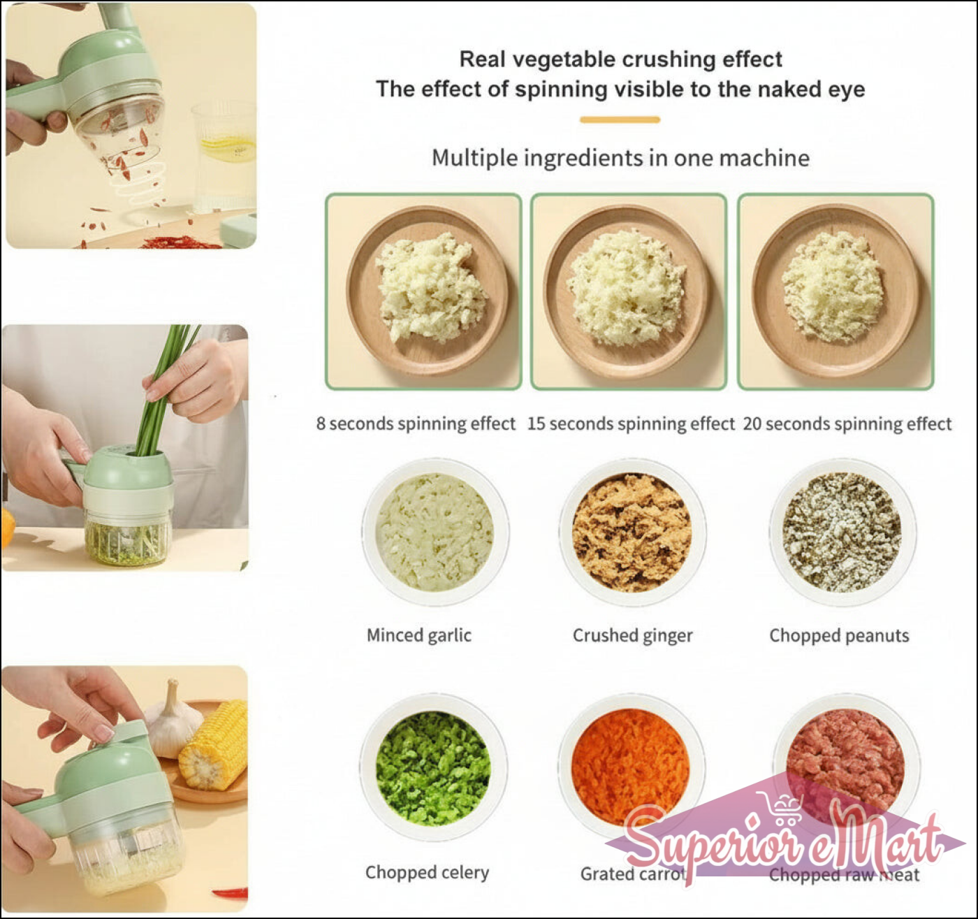 Vegetable chopper with images of minced garlic, crushed ginger, chopped peanuts, chopped celery, grated carrot, and chopped raw meat.