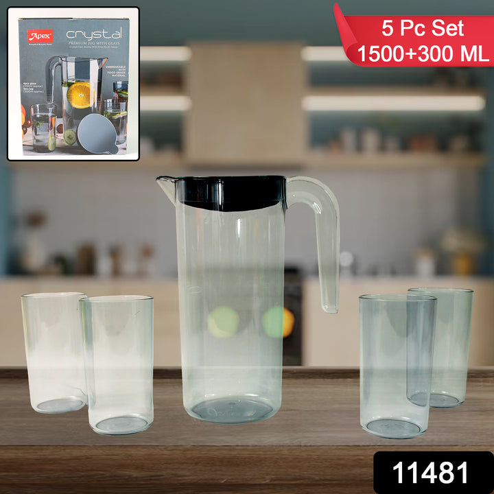 Crystal water jug and glasses set with clear pitcher and four drinking glasses on wooden table