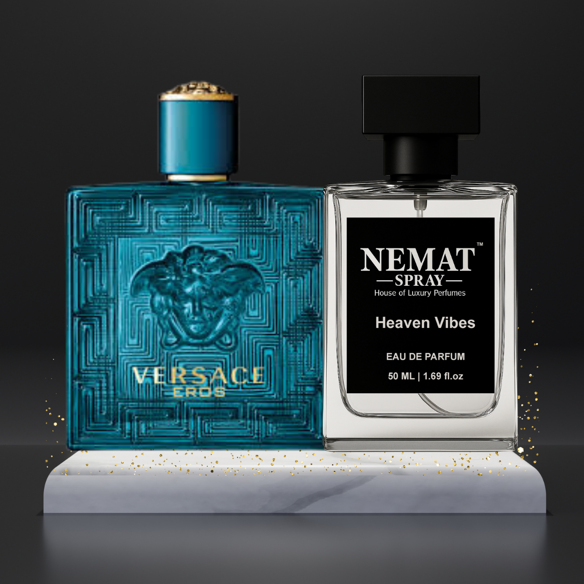 Versace Eros teal glass bottle and Nemat Heaven Vibes clear spray on a white marble stand with gold glitter.