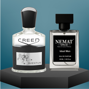 Creed Aventus and Nemat Ideal Men glass perfume bottles with black caps on a dark pedestal, blue background.