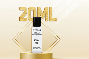 Nemat Elite X7 20ml Eau De Parfum in a white bottle with black cap, on a gold pedestal with gold accents.