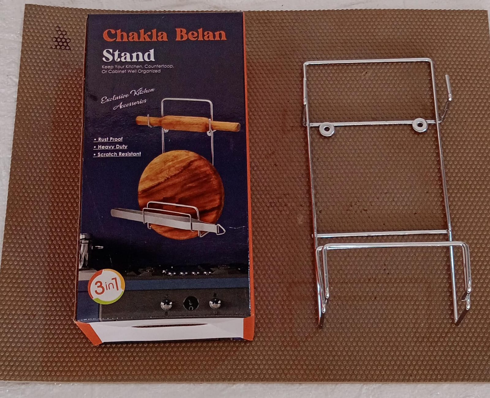 Chakla Belan Chimta Stand Rolling Pin Board Tong Holder Silver Stainless Steel M - 5552_chakla_belan_stand_1pc