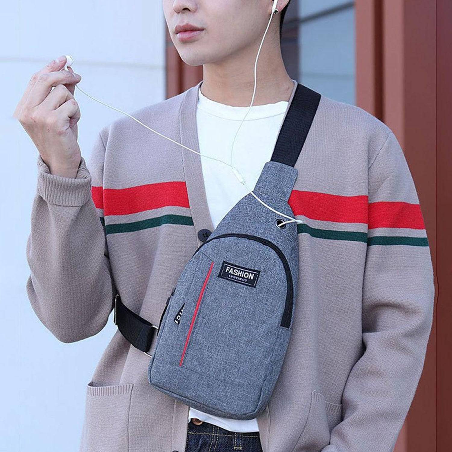 Grey Waterproof Anti Theft Crossbody Fanny Pack Waist Bag Pu Leather Shoulder Bags Chest Men Casual Fashion Usb Charging Earphone Hook Sling Travel Messengers Bag - Superior eMart