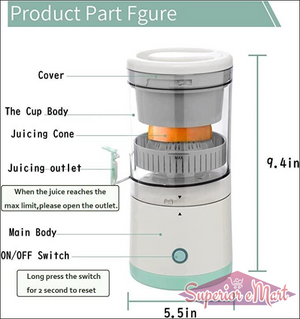 Labeled diagram of a white and green electric juicer showing parts: cover, juicing cone, outlet, and power switch.