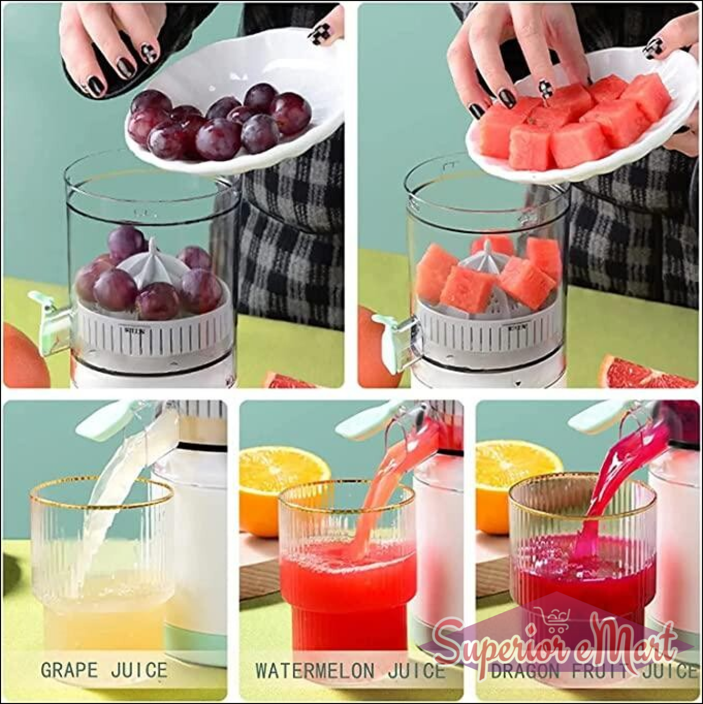 Electric juicer making grape, watermelon, and dragon fruit juices, poured from a clear spout into ribbed glasses.