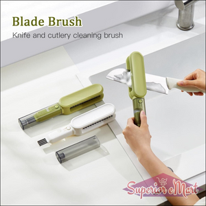 Blade brush cleaning a knife on a kitchen counter with text 'Blade Brush' and 'Knife and cutlery cleaning brush'.