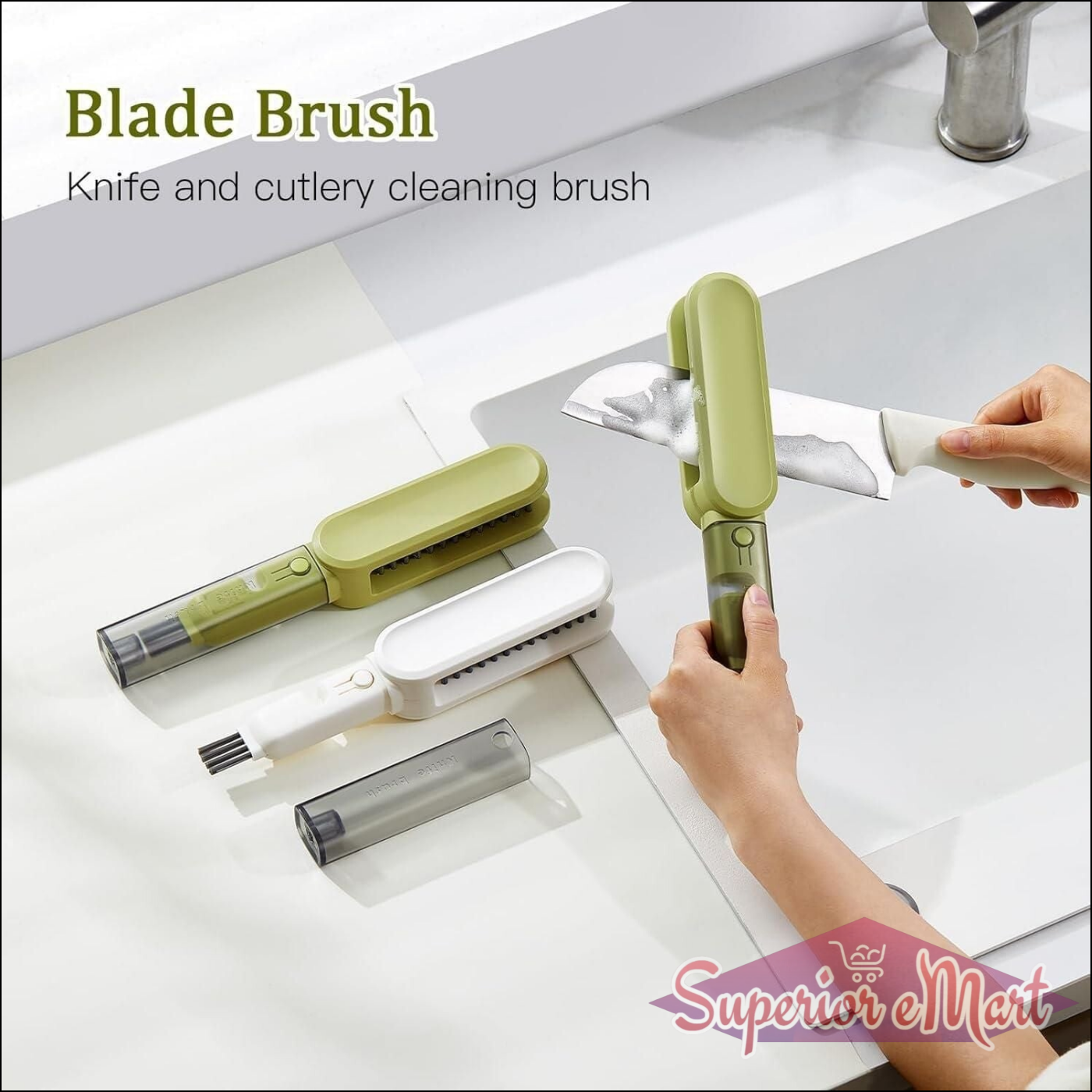 Blade brush cleaning a knife on a kitchen counter with text 'Blade Brush' and 'Knife and cutlery cleaning brush'.