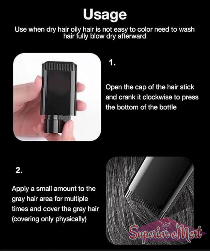 Instructional graphic for a black hair stick showing how to open the cap and apply to gray hair areas.