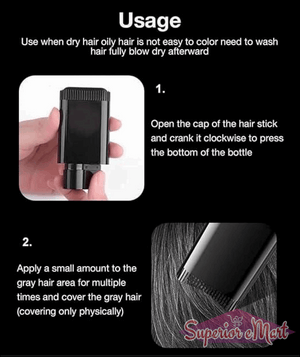 Instructional graphic for a black hair stick showing how to open the cap and apply to gray hair areas.