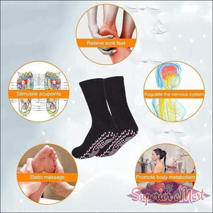 Black socks with pink grip dots. Infographic shows benefits for foot relief, acupoint stimulation, and metabolism.