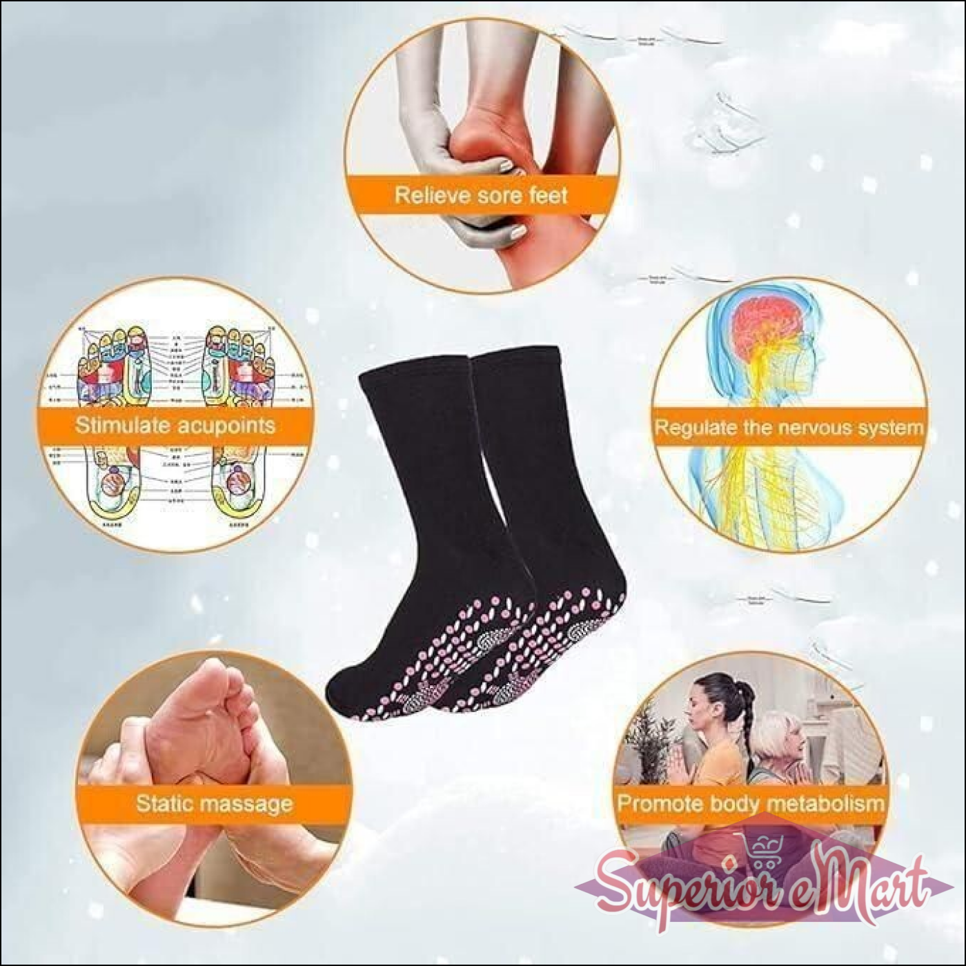 Black socks with pink grip dots. Infographic shows benefits for foot relief, acupoint stimulation, and metabolism.