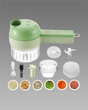 Green kitchen chopper with attachments and ingredients on a gray background