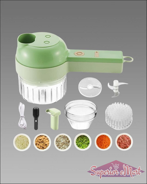 Green kitchen chopper with attachments and ingredients on a gray background