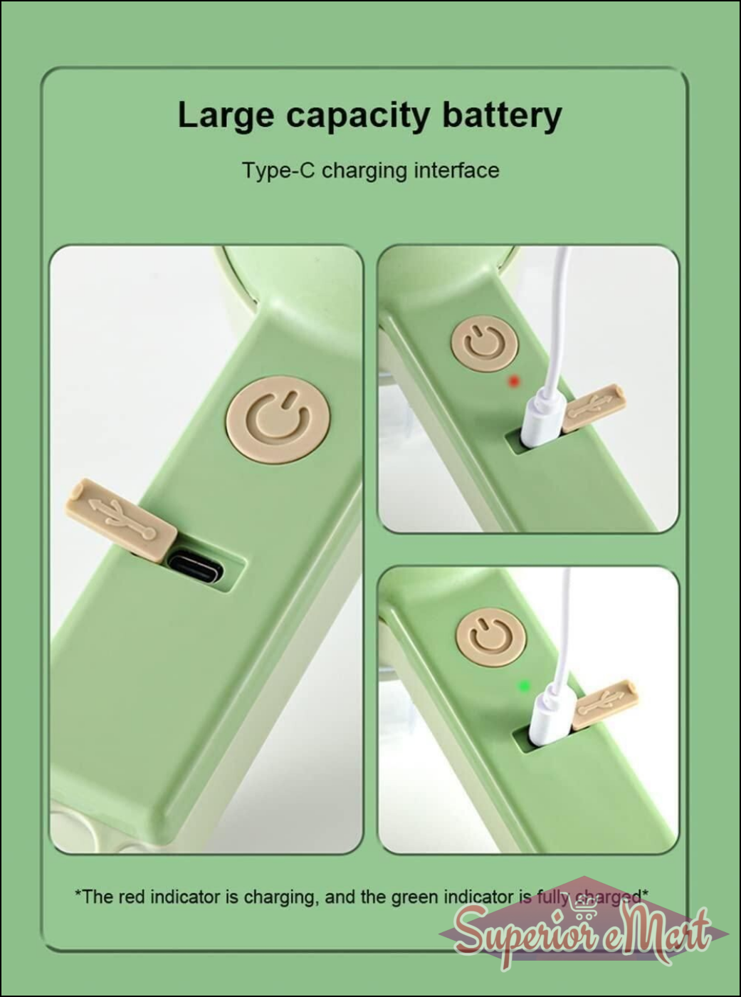 Green electronic device with charging interface and battery indicator on a green background