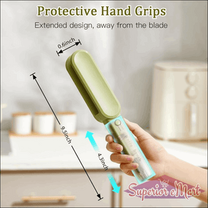 Handheld tool with protective hand grips and measurements, held by a person.