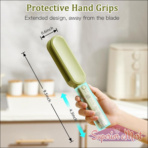 Handheld tool with protective hand grips and measurements, held by a person.