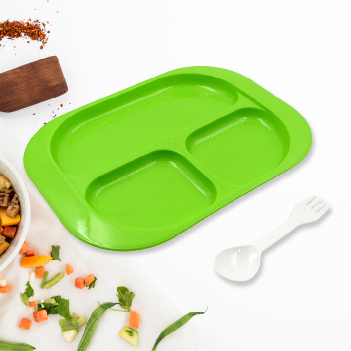 Food Plates / Biodegradable 3 Compartment Square Plate With Spoon for Food Snacks / Nuts / Desserts Plates for Kids, Reusable Plates for Outdoor, Camping, BPA-free (1 Pc)