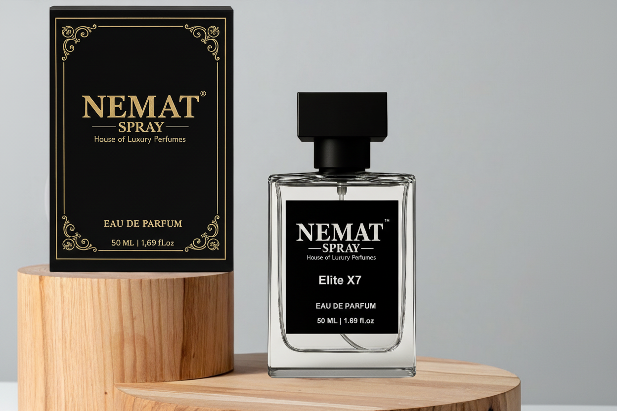 Nemat Elite X7 50ml Eau de Parfum bottle and black box with gold accents on a wooden pedestal. Clear glass, black cap.