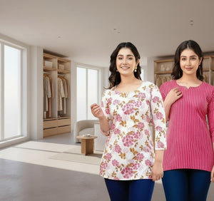 Women’s Printed Short Kurti Combo - Cotton Floral Tops for Casual & Office Wear, Best Price.