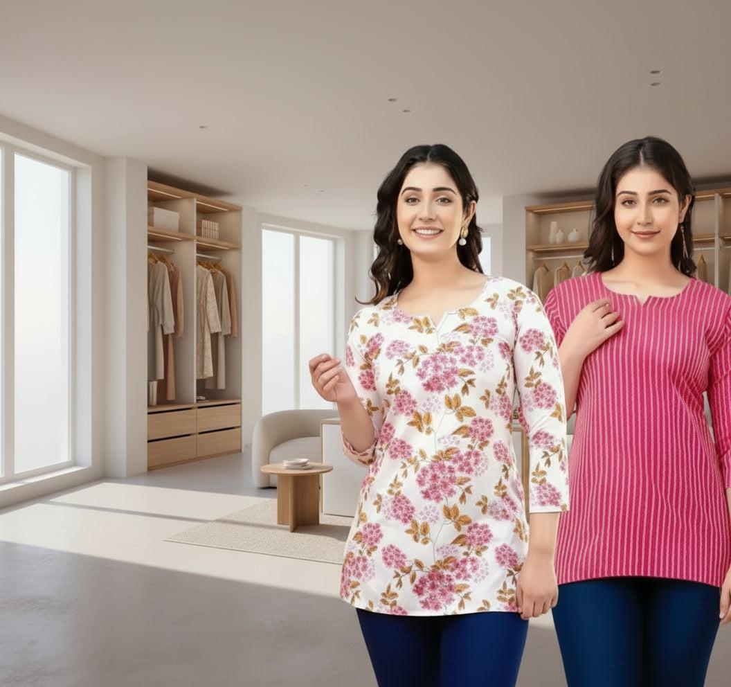 Women’s Printed Short Kurti Combo - Cotton Floral Tops for Casual & Office Wear, Best Price.