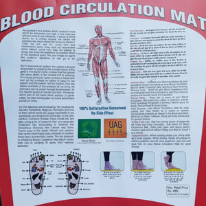 A printed blood circulation mat with anatomical diagrams, explanatory text, and small demonstration photos, photographed against a red background.