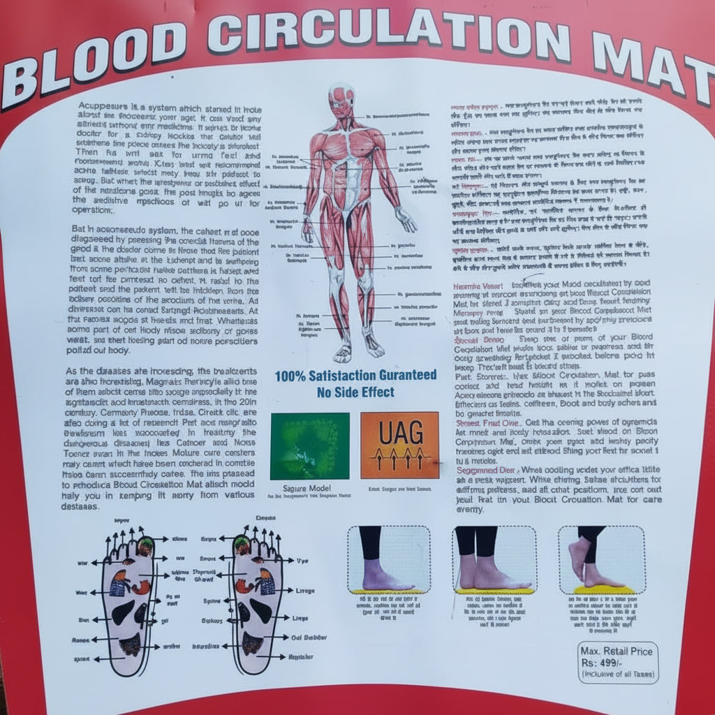 A printed blood circulation mat with anatomical diagrams, explanatory text, and small demonstration photos, photographed against a red background.