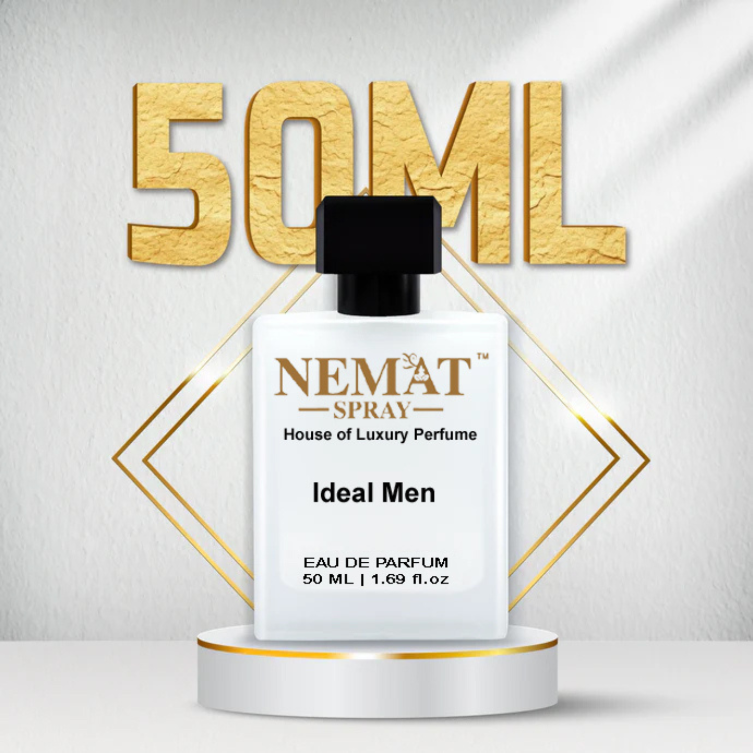 Nemat Ideal Men 50ml spray in white bottle with black cap on a gold-trimmed pedestal. Large gold 50ML background.
