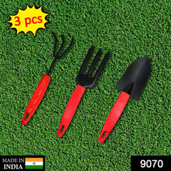 3pcs Small sized Hand Cultivator, Small Trowel, Garden Fork - 9070_3pcs_red_garden_tools