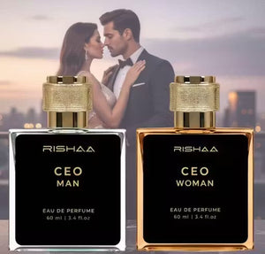 Two Rishaa CEO perfume bottles for men and women with a couple in the background.