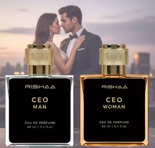 Two Rishaa CEO perfume bottles for men and women with a couple in the background.