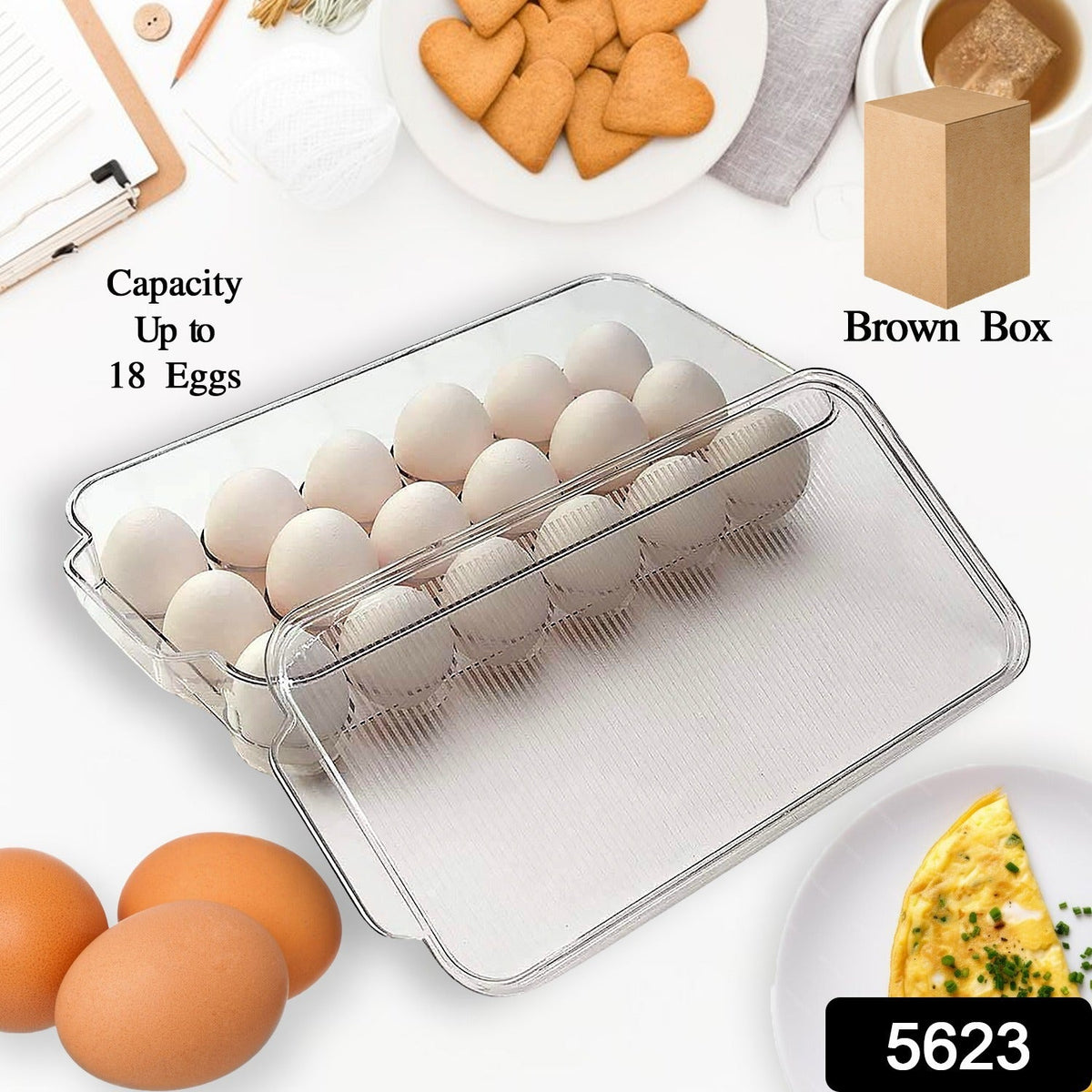 Plastic 18 Cavity Egg Storage Box Or Egg Trays For Refrigerator With Lid & Handl - 5623_18_grid_egg_storage_box_brown