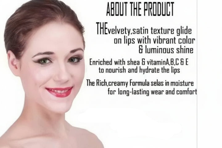 Advertisement for M.I. Fashion lipsticks with a model wearing pink lipstick on a white background.