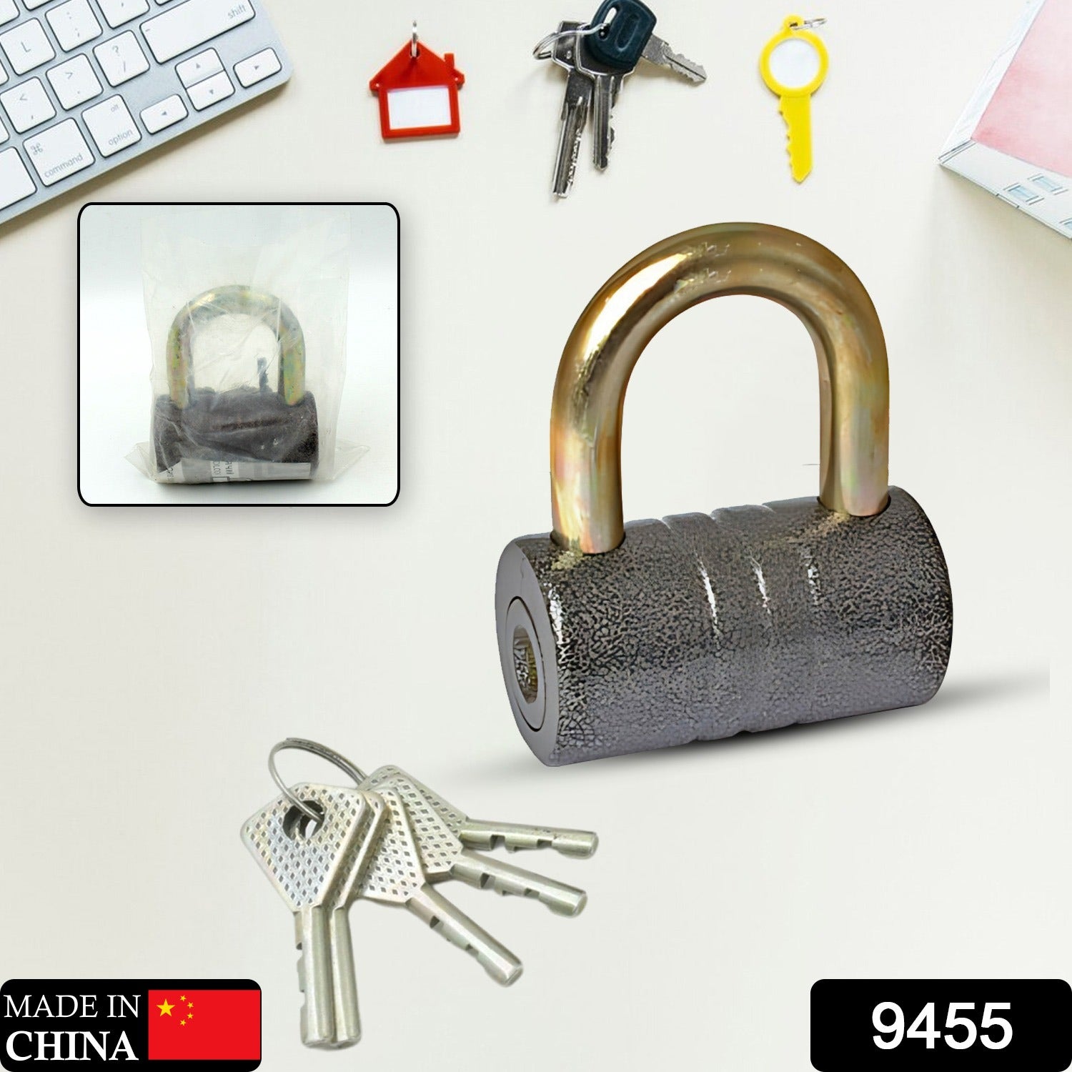 Iron Pad lock, Brass Core and Thickened Spray Black Iron Door Lock With 5 pc Key - 9455_heavy_82mm_pad_lock