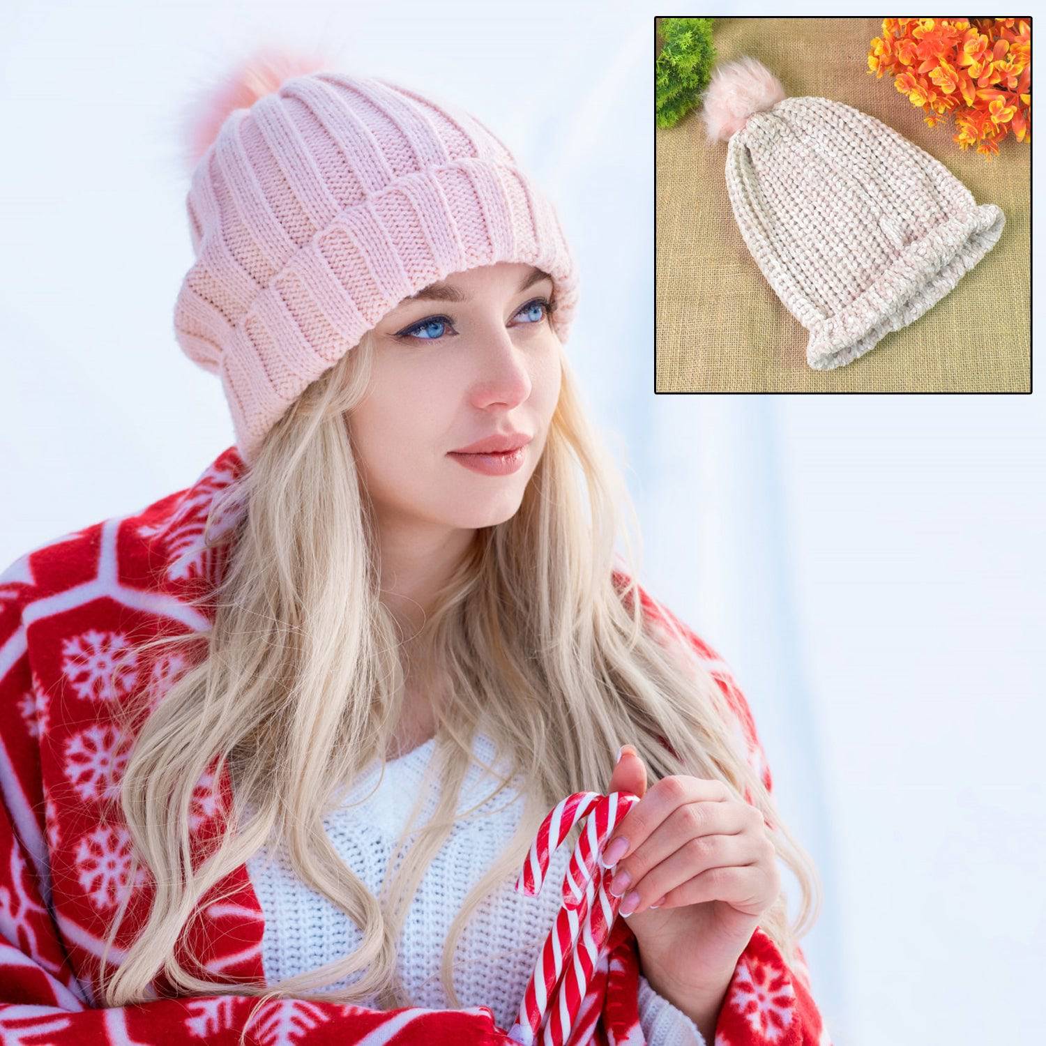 Soft Winter Cap Woolen Inside Fur Beanie Cap (1 Pc  Mix Design  Color) - Superior eMart