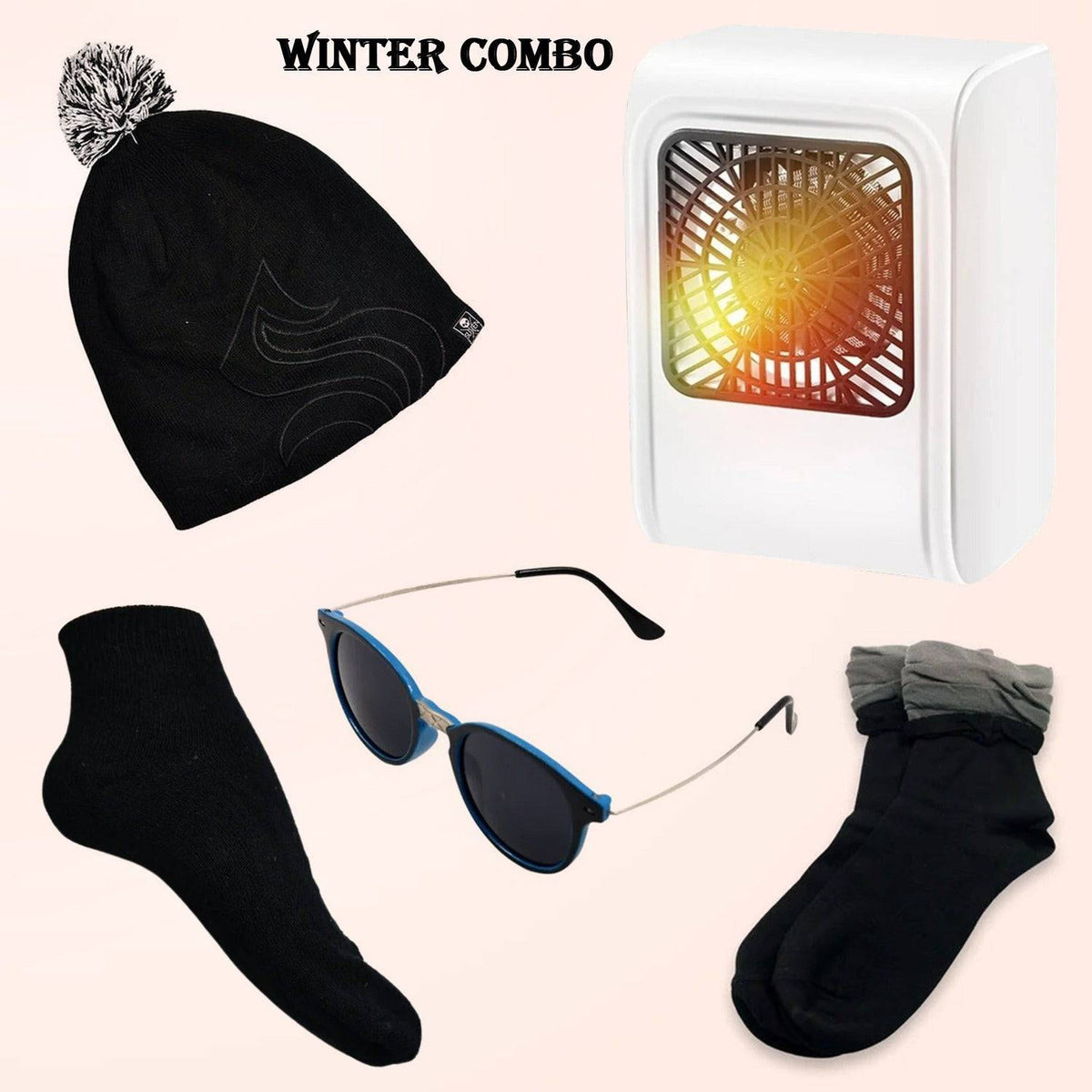 Winter Warm Set- Bennie Hat Room Heater Sunglasses And Socks (5 Pcs Combo) - Superior eMart