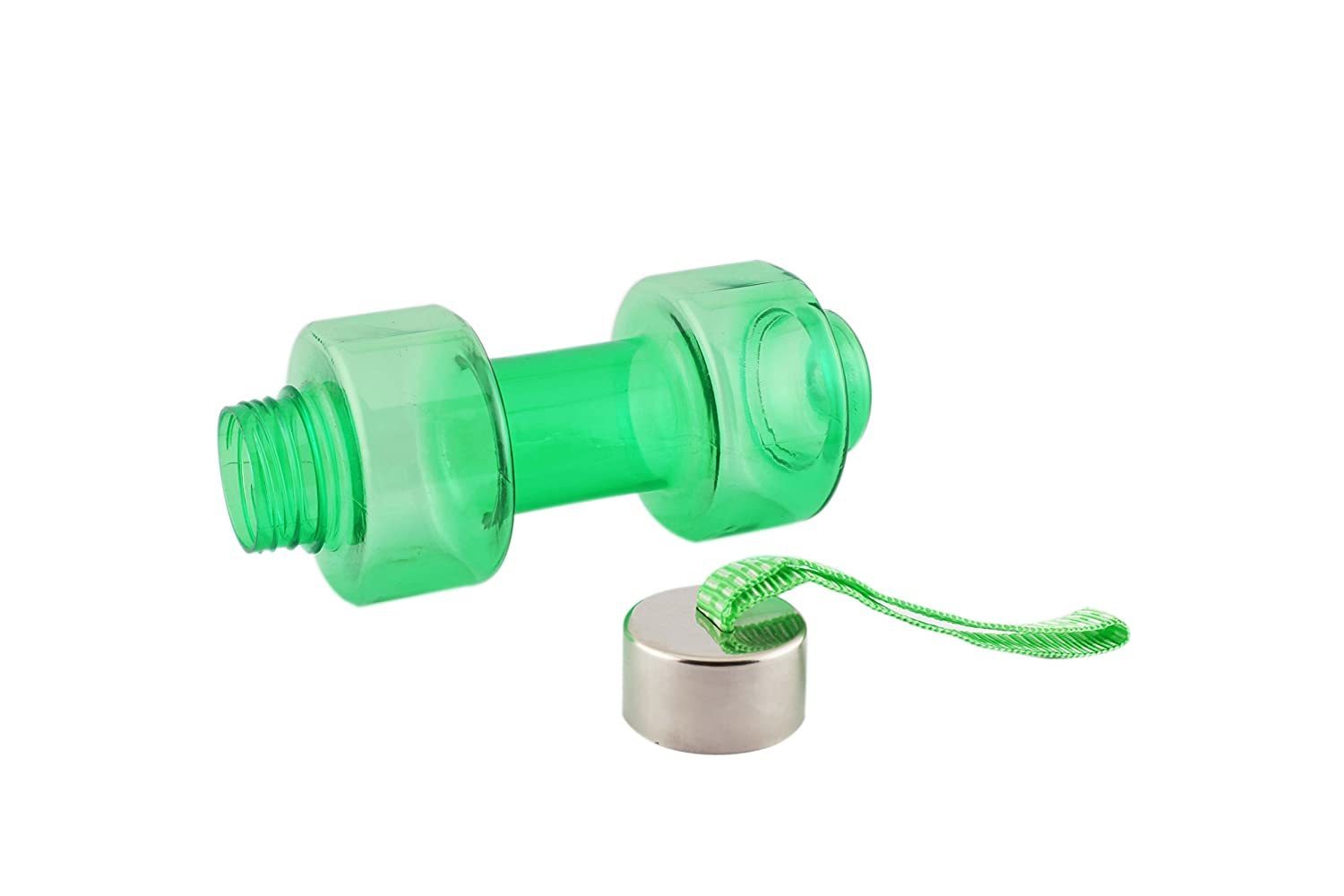 Durable dumbbell design water bottle with a steel cap, suitable for fitness and hydration.