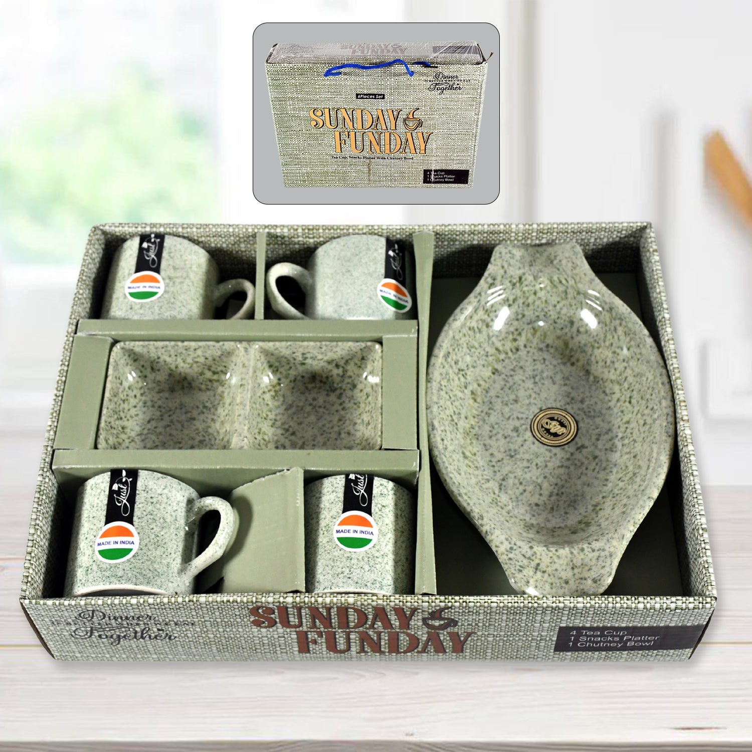 Sunday Funday Ceramic Tea / cups / Mug With Snacks Platter (6 Pcs set)