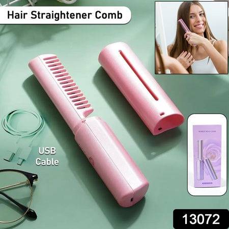 13072 Rechargeable Mini Hair Straightener Travel Portable Usb Charging Cordless Hair Straightener Bursh Three Temperature Adjustments Flat Iron Comb (1 Pc) - Superior eMart