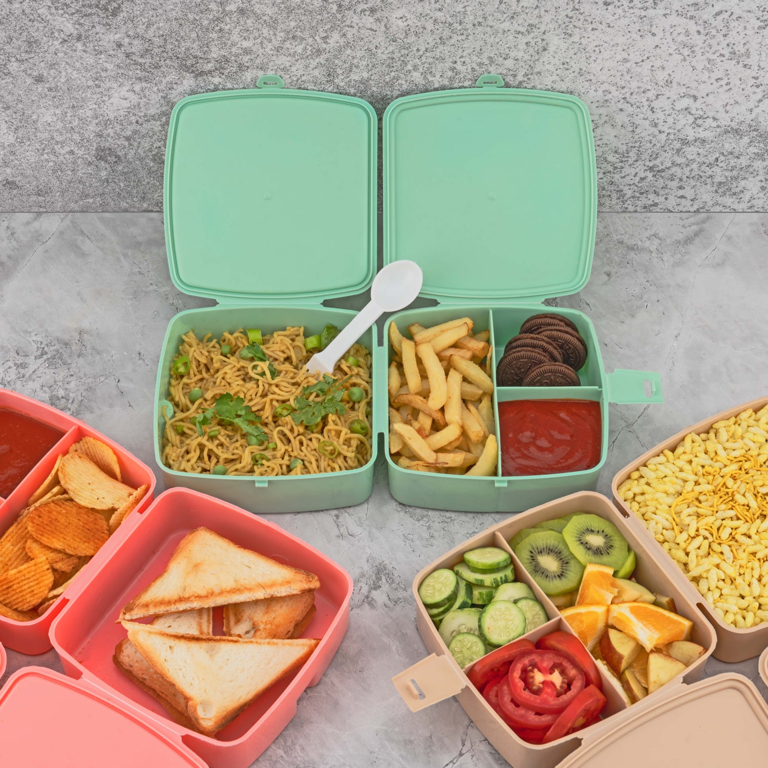 Double-Layer Square Lunch Box with Spoon , 4 Compartment Tiffin & Push Lock , Tiffin Box for Travelling, School Kids & Office Exclusive, Home