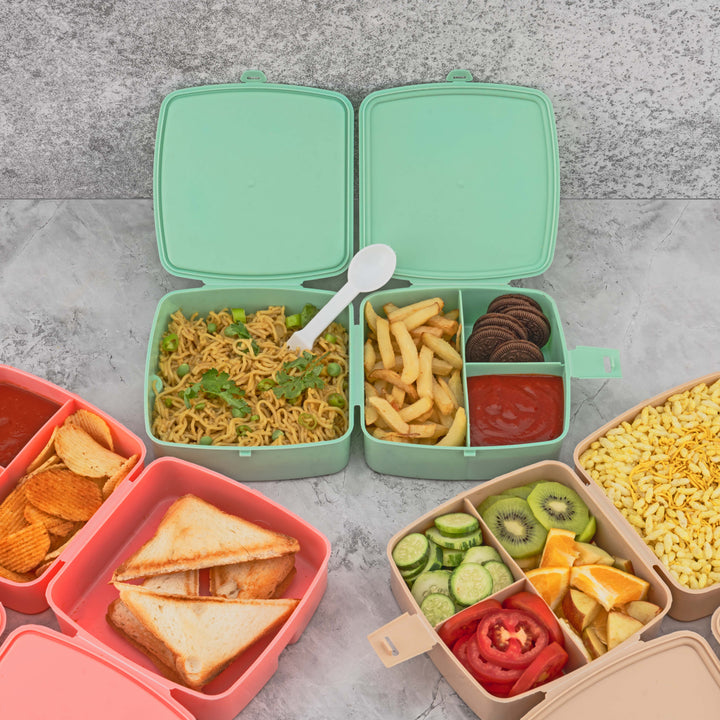 Double-Layer Square Lunch Box with Spoon , 4 Compartment Tiffin & Push Lock , Tiffin Box for Travelling, School Kids & Office Exclusive, Home