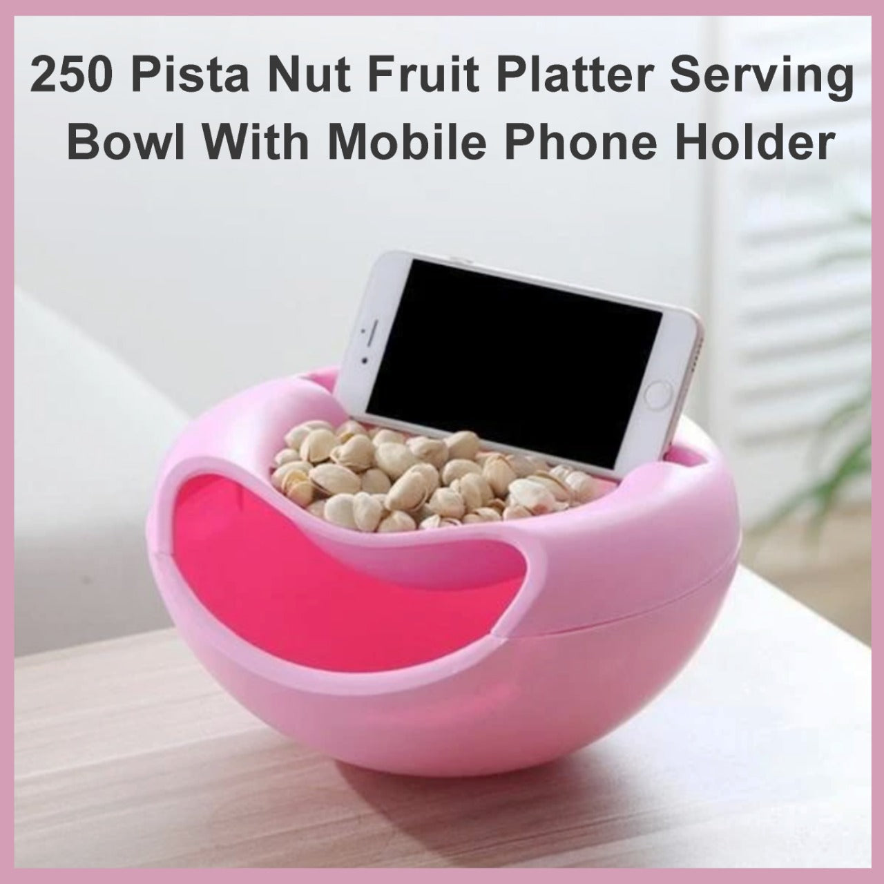 Serving bowl with phone holder, ideal for nuts, fruits, and snacks.