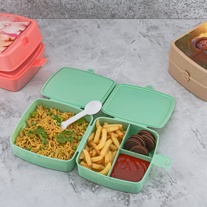 Double-Layer Square Lunch Box with Spoon , 4 Compartment Tiffin & Push Lock , Tiffin Box for Travelling, School Kids & Office Exclusive, Home
