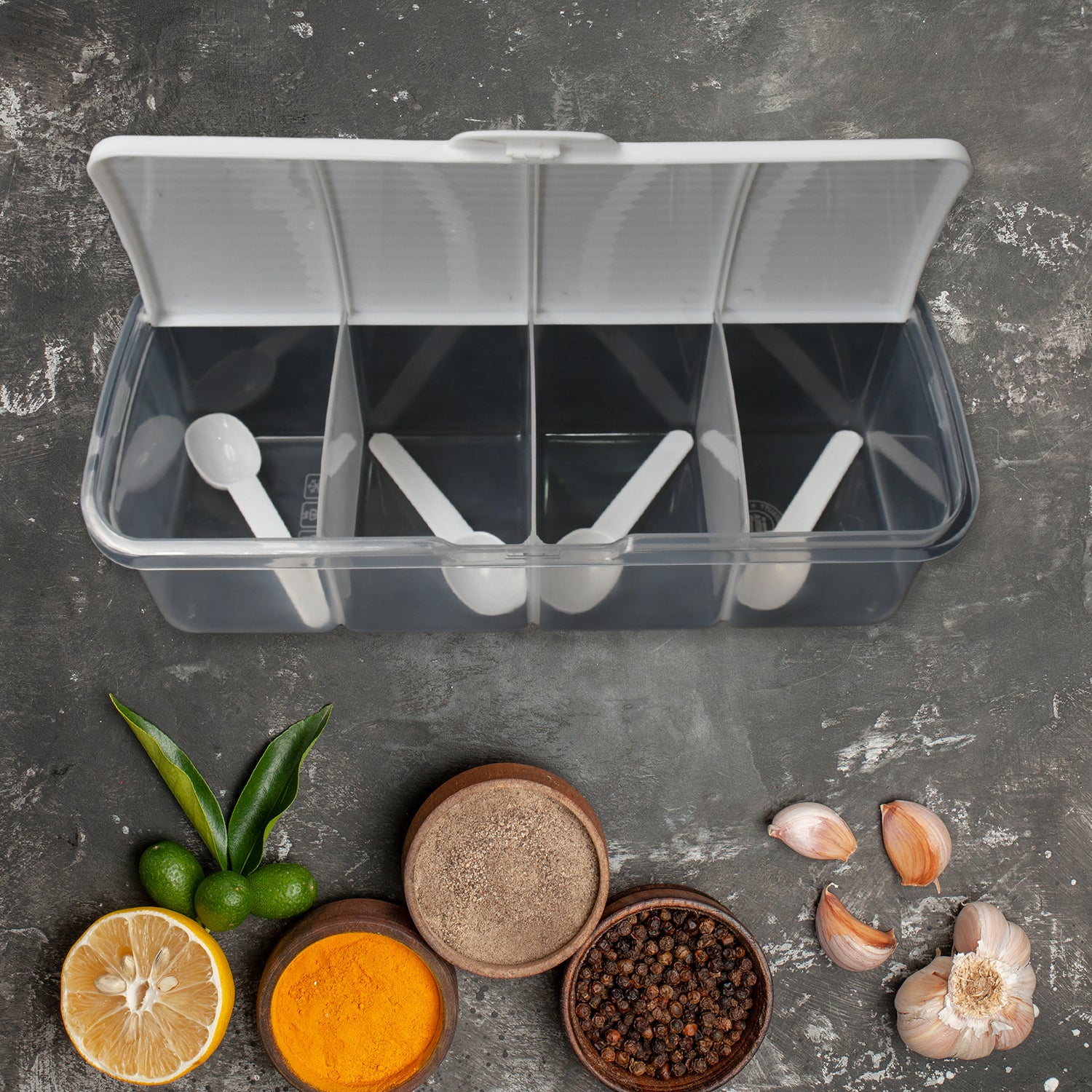 Kitchen multipurpose airtight 4-section storage containers, including a masala box, pickle (achar) jar, and four spoons for each section (1 set of mixed colors).