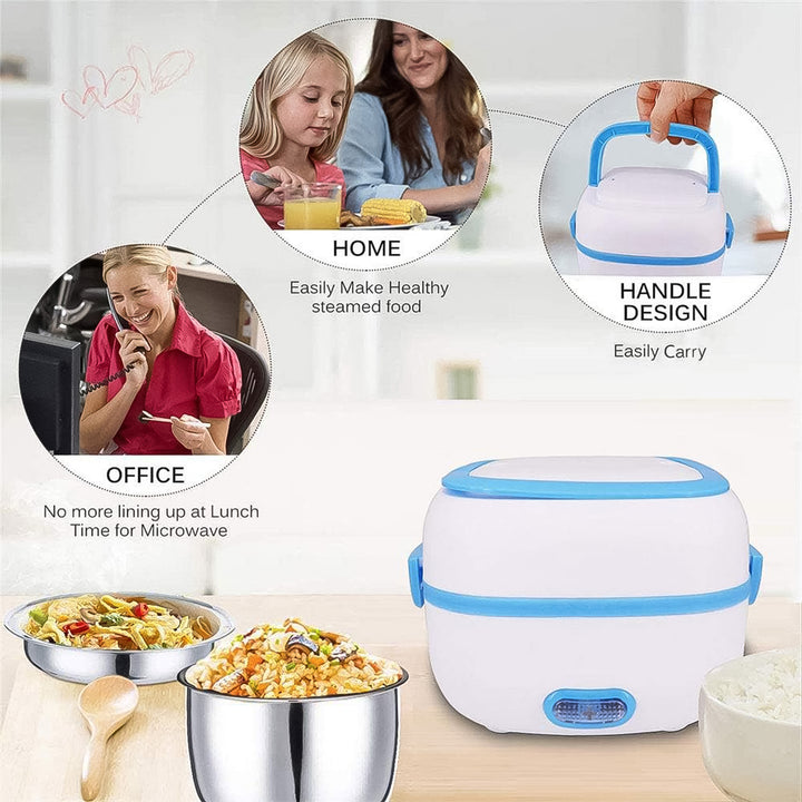 3 In 1 Electric Lunch Box | Food Heater | Cooker | Steamer With Stainless Steel Bowls (1 Set)