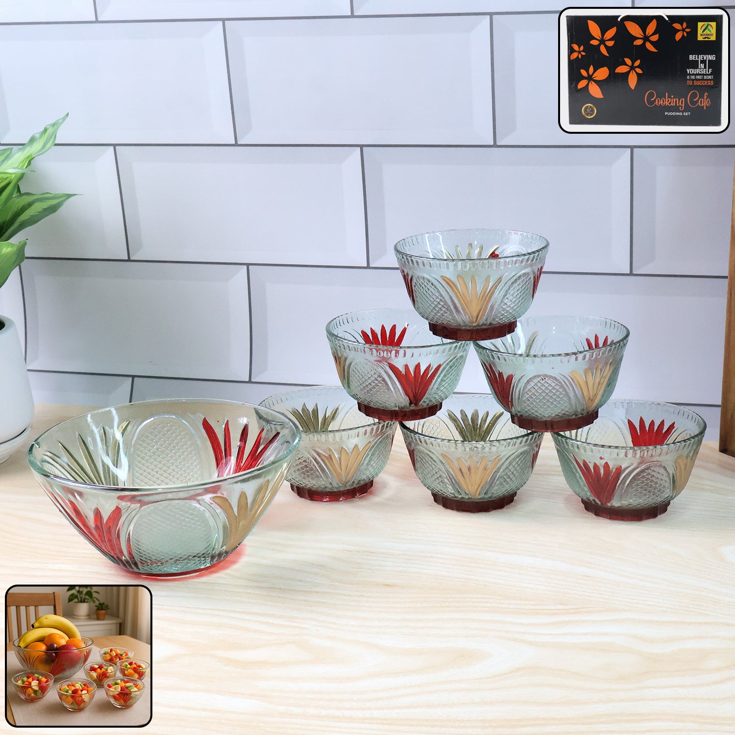 Rose glass Multipurpose Pudding / Dessert / Ice Cream Bowl Set for Home use (Set of 7 pc)