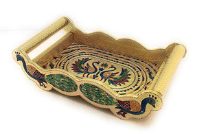 Peacock Design Glass With Handle And Handicraft Serving Tray Set.