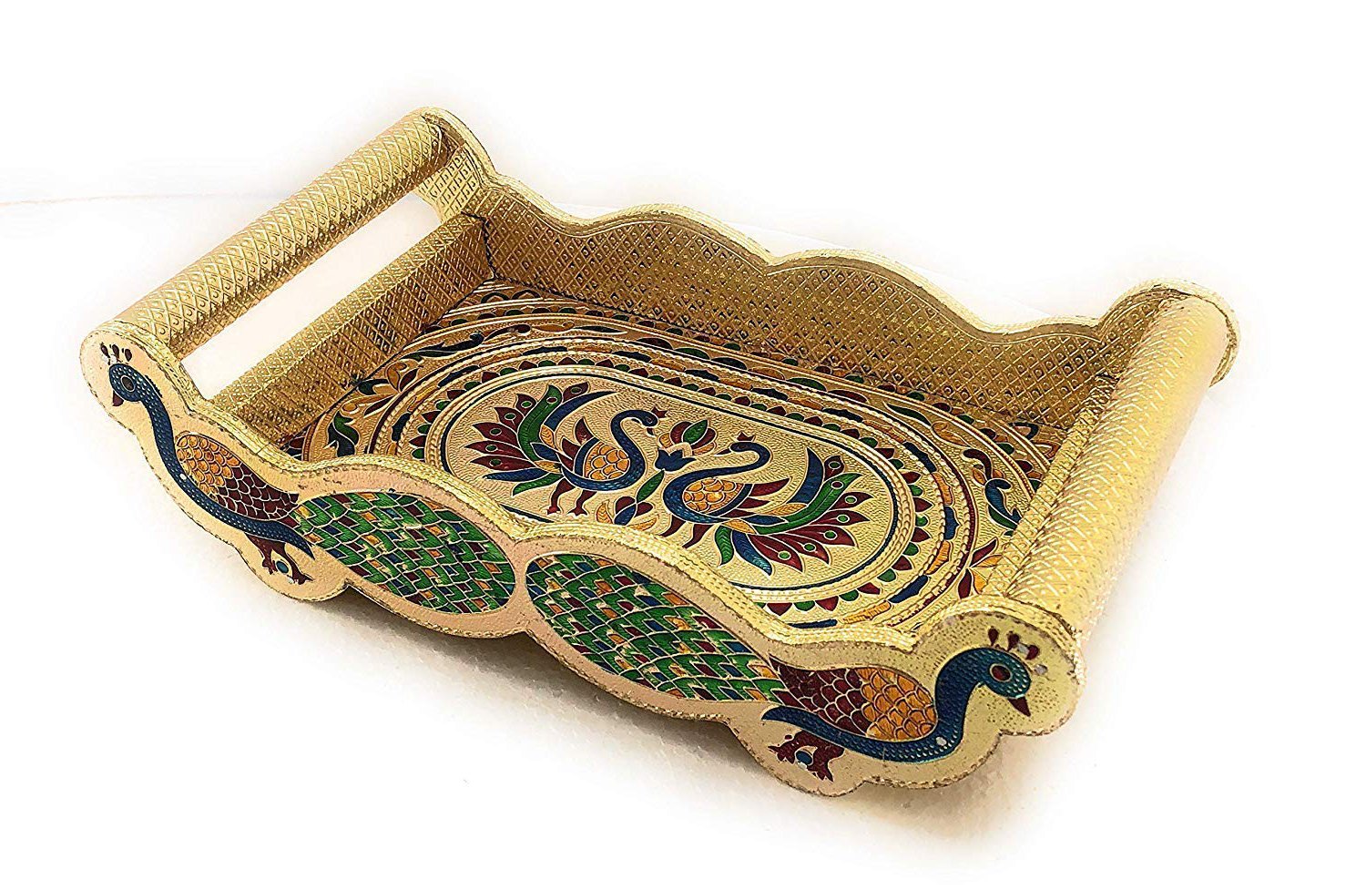 Peacock Design Glass With Handle And Handicraft Serving Tray Set.