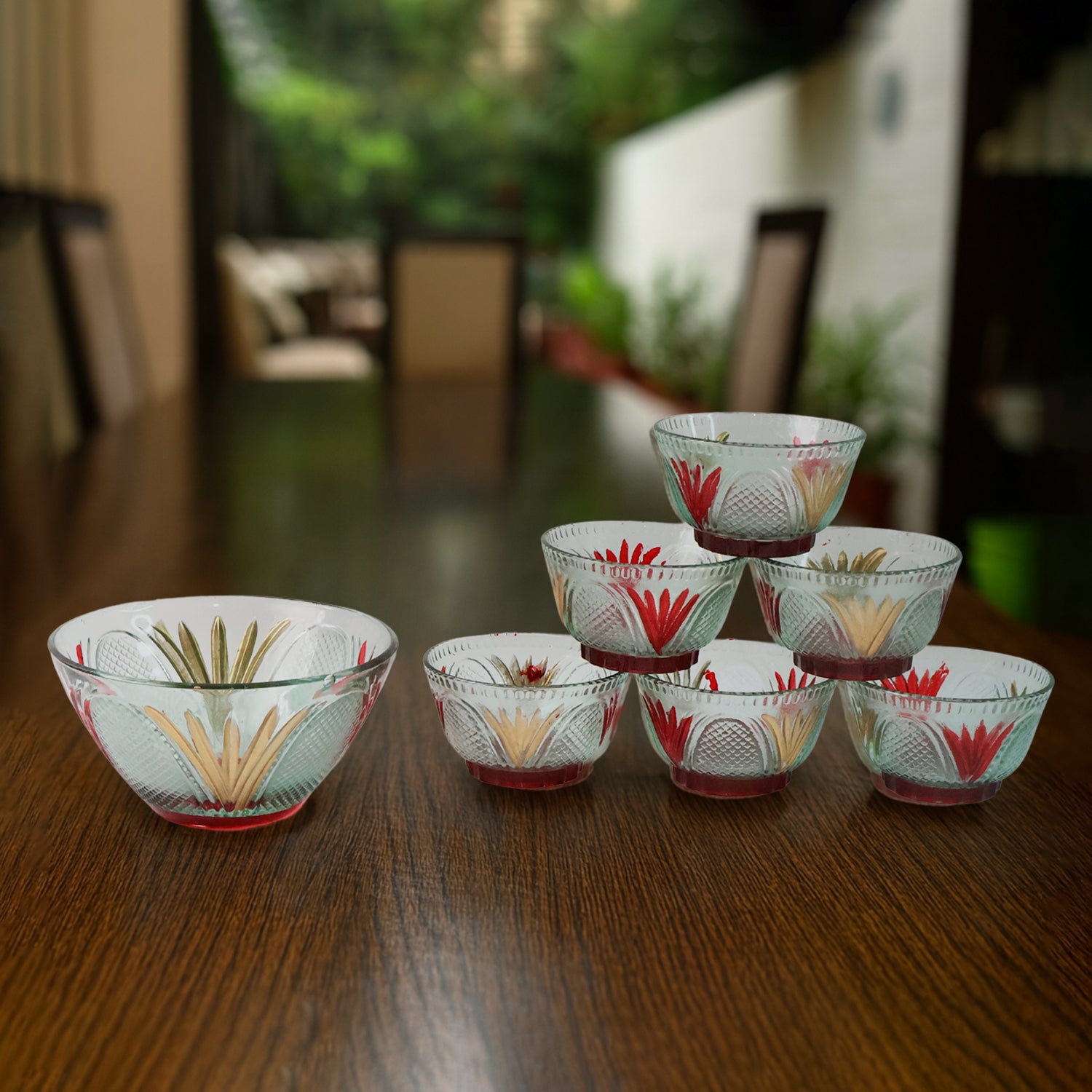 Rose glass Multipurpose Pudding / Dessert / Ice Cream Bowl Set for Home use (Set of 7 pc)